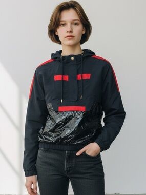 Ashley By 26 International Navy and Red Hooded Windbreaker with Glossy Panel